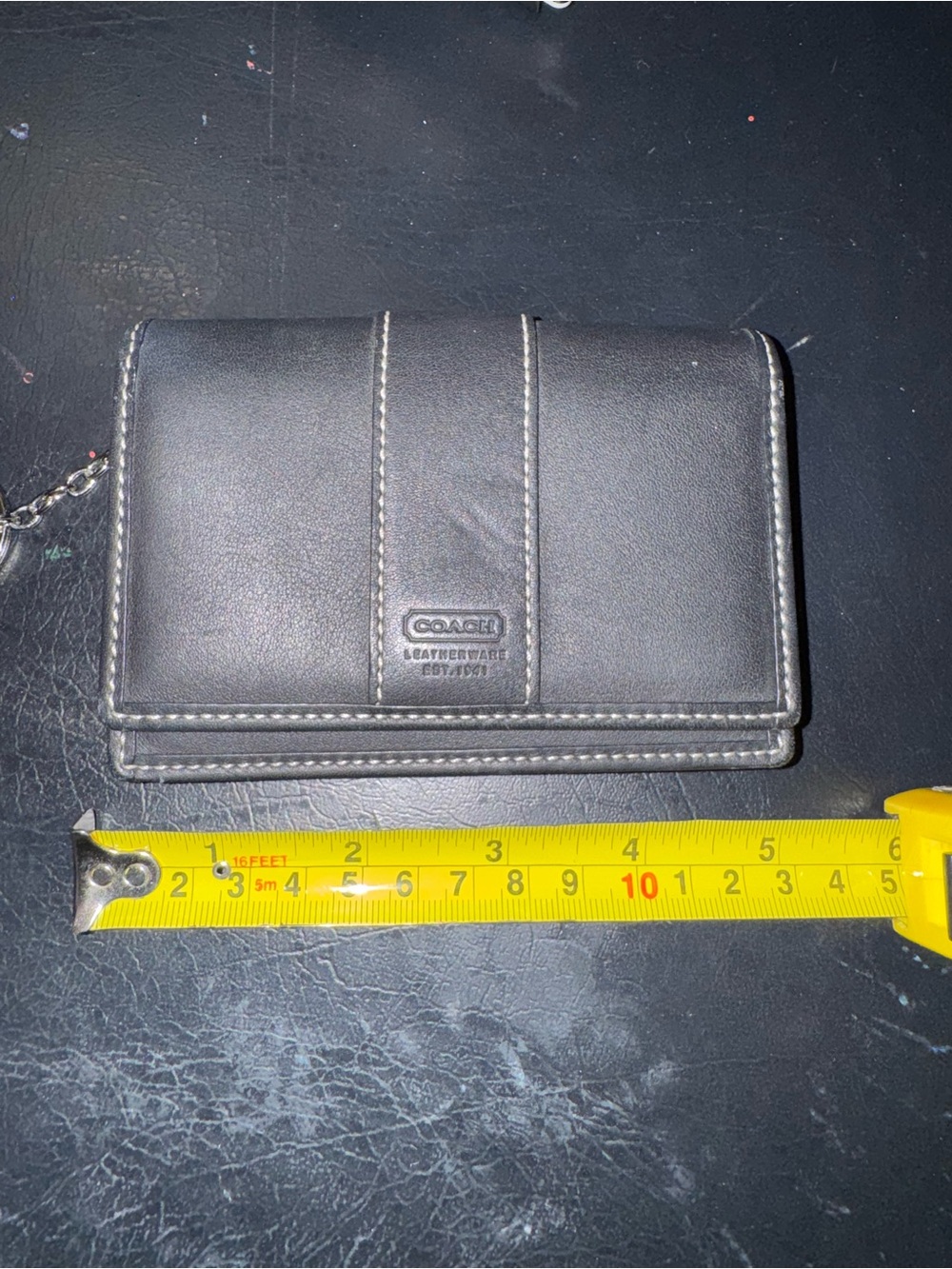 Coach Black Leather Trifold Wallet with Stitch Detailing